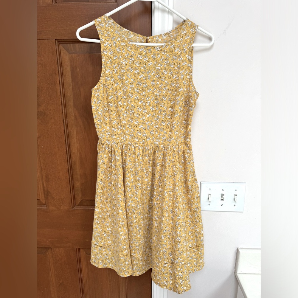 Adorable little cotton silk blend yellow with white flowers, sleeveless sundress